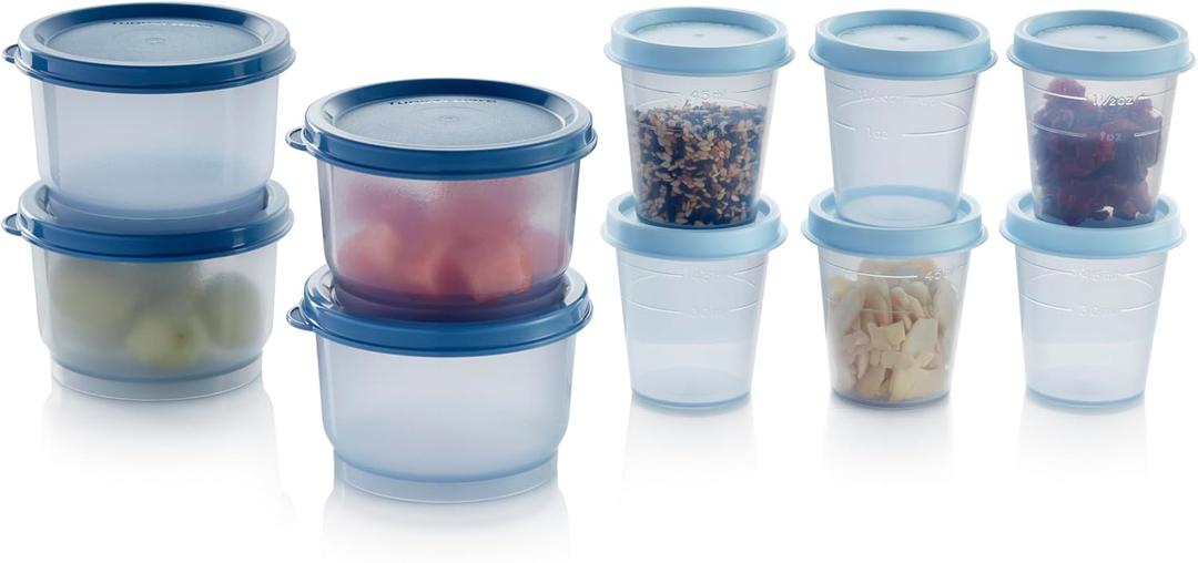 Tupperware Super Snack 10 Container Food Storage Set, Dishwasher Safe and BPA Free (10 Containers, 10 Lids) (Clear/Blue)