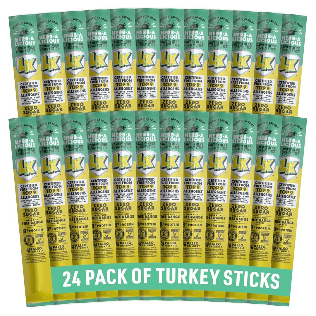 Lorissa's Kitchen Premium Turkey Meat Sticks, Herb-A-Licious Turkey Flavor, 8g of Protein Each, Made with Free Range Chicken, Free from Top 9 Allergens and Non-GMO, Zero Sugar, 1 Oz, 24 Count