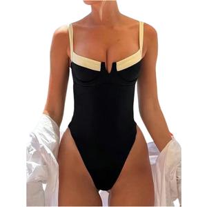 SOLY HUX Women's One Piece Bathing Suits High Cut Swimwear Push Up Bathing Suits Beach Vacation Clothes (Black and White)