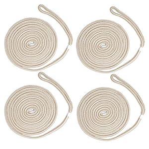 NovelBee 4 Pack of 3/ 8 Inch x 20 Feet Double Braid Nylon Dockline, Mooring Rope Dock Line, Working Load Limit 660 lbs, Breaking Strength 3, 300 lbs (4pcs, White/ Gold)