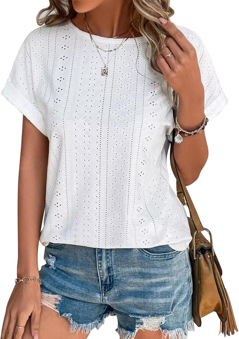 Bliwov Womens Tops Eyelet Embroidery Summer Fall Curved Hem Short Sleeve Trendy T Shirts Outfits Beach Vacation Clothes (Large)