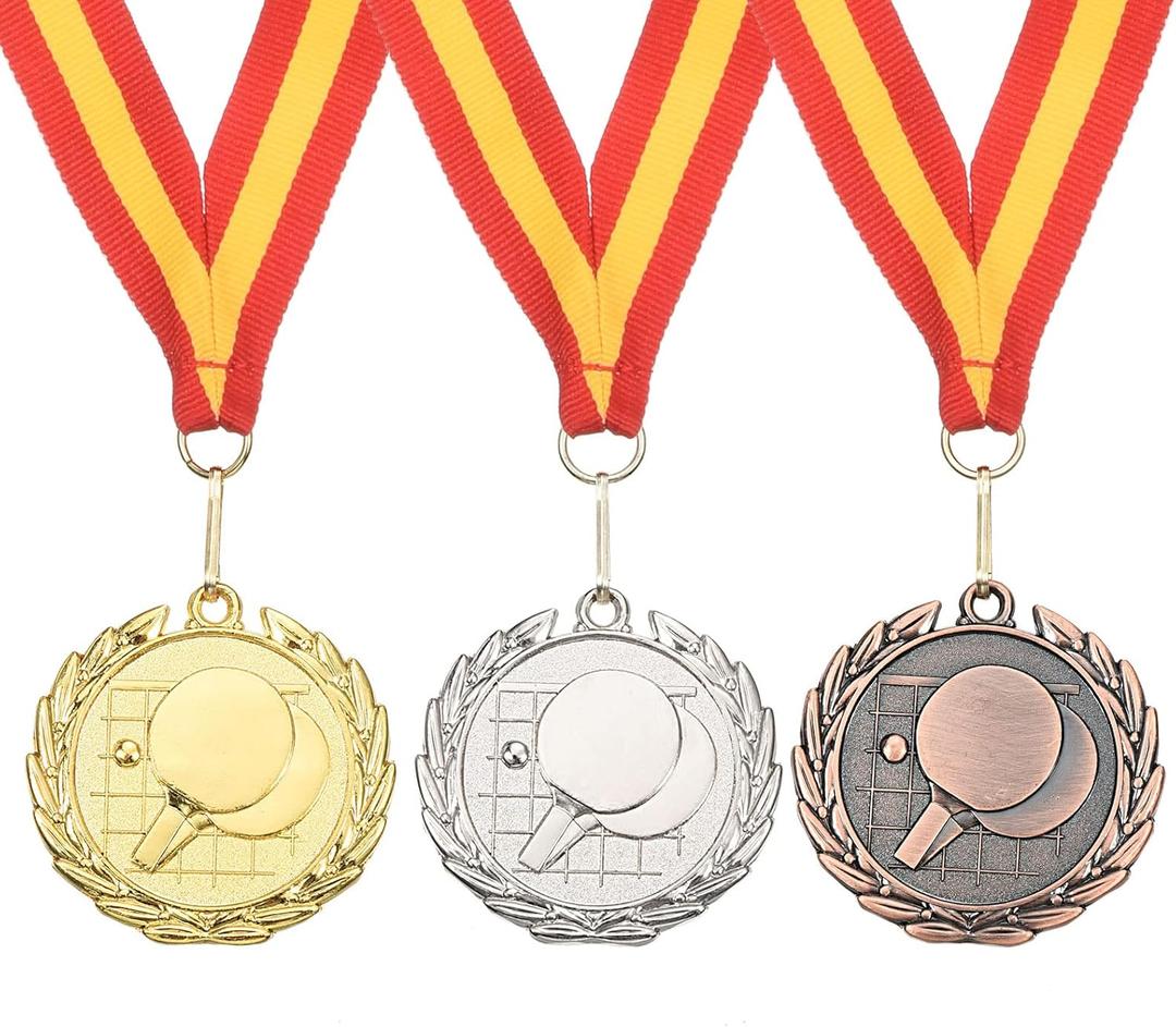 PATIKIL 2" Ping Pong Medals, 3 Pack Table Tennis Award Medals Set Gold Silver Bronze Medal with Ribbon Red Yellow for Games Sports Competitions