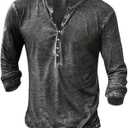 Beotyshow Mens Distressed Henley Shirts Front Placket Retro Long Sleeve Tee Shirts Casual Button Down Washed T-Shirts for Men (Black, XL)