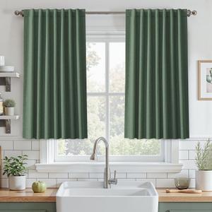 UHITECH Linen Curtains for Bedroom 2 Panels Set 45 Inch Curtains Blackout Short Cafe for Small Windows Thermal Olive Green Drapes Back Tab Living Room Darkening Drapes Black Out