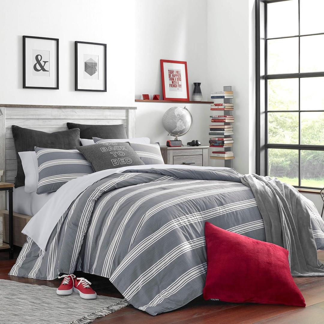 Nautica - King Comforter Set, Soft & Reversible Cotton Bed Set for Year Round Comfort, 3 Piece Striped Bedding with Matching Pillowcases (Craver Grey)