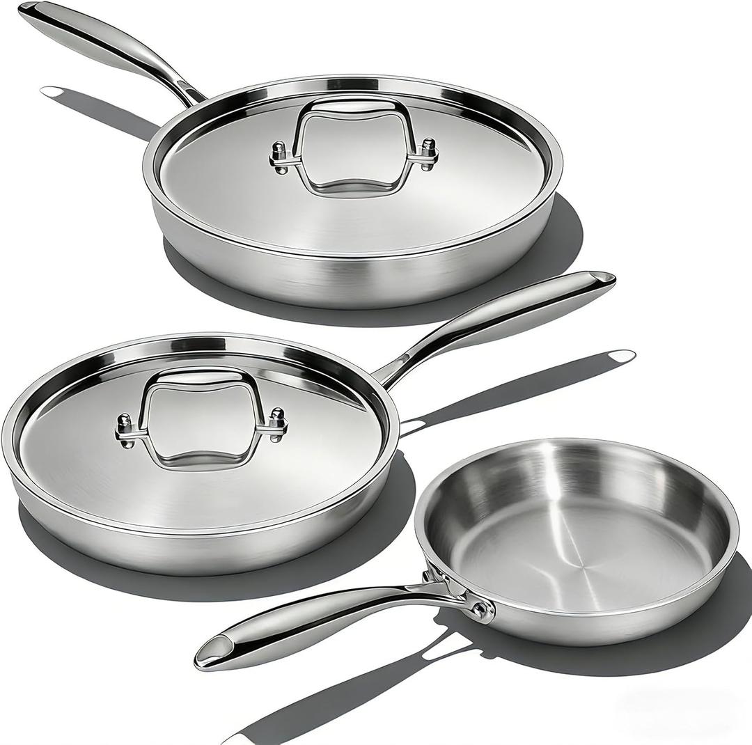 Stainless Steel Frying Pan Set with Lid, Umite Chef 3Pcs Skillet Set (Includes 8",10",12") - 5 Ply Stainless Clad - Heavy Duty & Professional Cookware Set, Fast & Even Heat, Dishwasher and Oven Safe