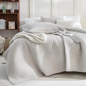 Sanracie Stonewashed Oversized King Quilt(120"x120"), Cotton Light Wheat Color Cross Stitch Pattern California King Quilt Set 3Pcs Ultra Soft Lightweight Crinkle Bed Coverlet Set for All Season