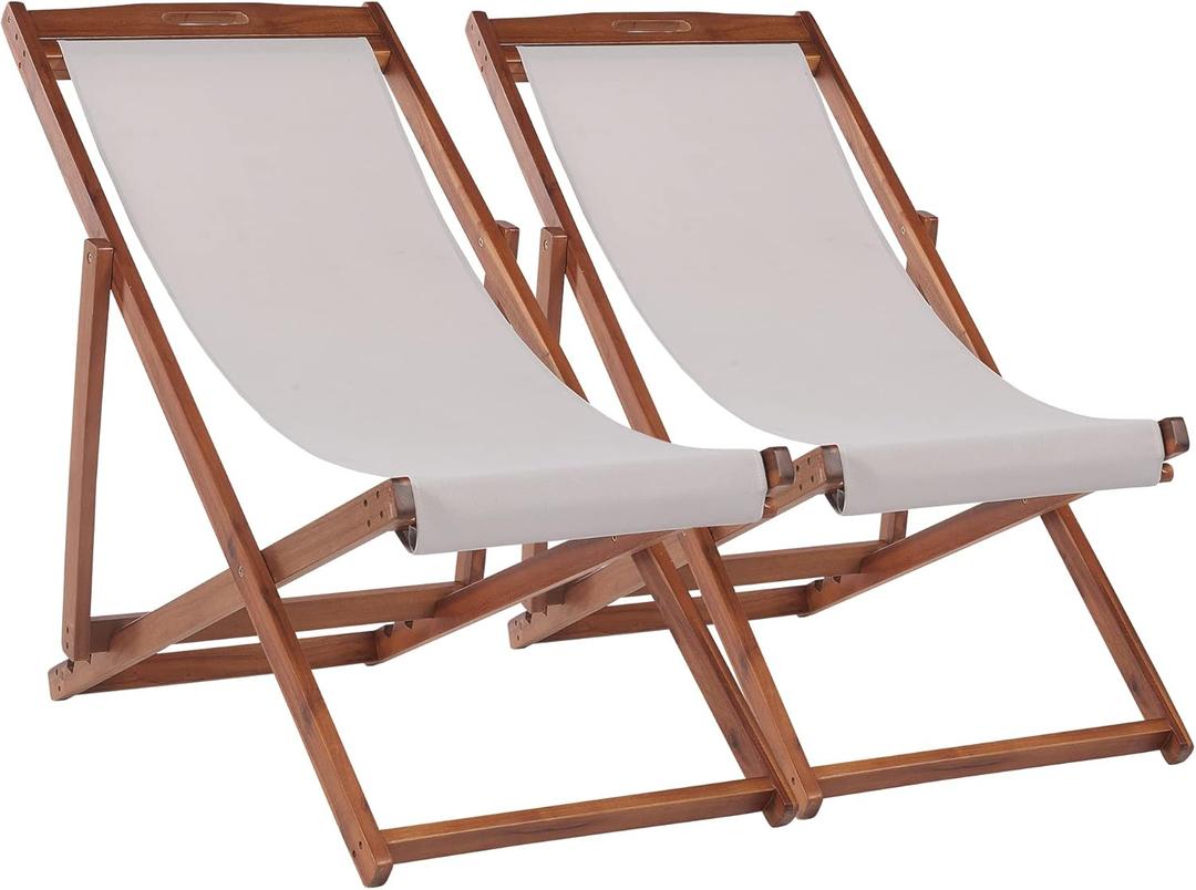Outdoor Wooden Patio Lounge Chair 2 Set Beach Sling Chair Set Height Portable Reclining Beach Chair Solid Wood Frame with White Polyester Canvas 3 Level,Grey