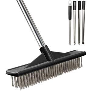 Heavy Duty Floor Scrub Brush Stainless Steel Wire Floor Scrubber with Long Handle Stiff Bristles Outdoor Push Broom for Cleaning Deck,Concrete,Patio,Boat,Moss Removal