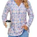 Women's Professional V-Neck Work Blouses Dressy Long Sleeve Tunics Floral Shirts for Office Business Casual Elegant Ladies Clothes Textured Wrinkle Free Fashion Fit Outfit Blue Pink Floral Medium
