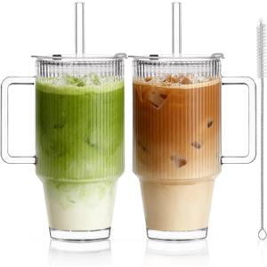 KEMORELA 24oz Ribbed Glass Cups with Lids and Straws,Glass Tumbler with Handle,2 setReusable Glass Ice Coffee Cups with Lid and Straw for Smoothies,Tea,Juice,Boba Cup for Cold & Hot Drinks,Travel Cup