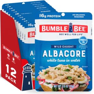 Bumble Bee Chunk White Albacore Tuna in Water, 2.5 oz Pouches (Pack of 12) - Ready to Eat Wild Caught Tuna Packet - 16g Protein per Serving, High in Omega-3s - Non-GMO, Gluten Free, Kosher, BB Date: Apr 2028