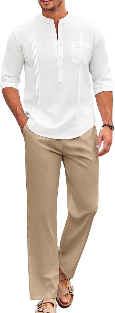 COOFANDY Men's 2 Piece Cotton Sets Casual Long Sleeve Cuban Henley Shirt and Loose Pants Set Beach Vacation Outfits (X-Large)