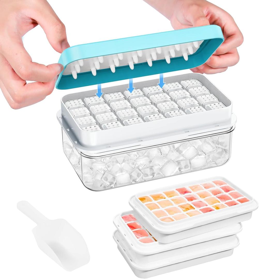 Ice Cube Tray with Lid and Bin, PHINOX 84 pcs Ice Trays for Freezer, Ice Cube Trays for Freezer with 3 trays, Container, Lid & Ice Scoop, BPA Free (Blue)