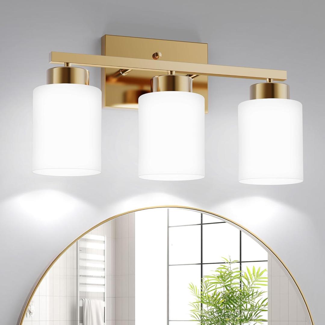 PARTPHONER 3-Light Brushed Gold Bathroom Light Fixtures, Modern Vanity Light Over Mirror Lighting, Wall Sconce with Frosted Milky White Glass Shades for Bedroom Living Room Kitchen Hallway