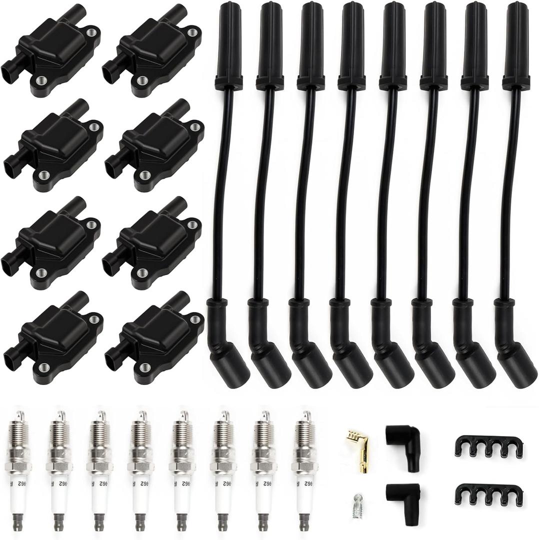 Set of 8 UF413 Square Ignition Coils Pack & Spark Plugs & Wires Set Fit for Chevy Silverado for GMC Envoy Sierra Yukon for Cadillac Escalade CTS Savana 4.8L 5.3L 6.0L V8 12611424, 12570616