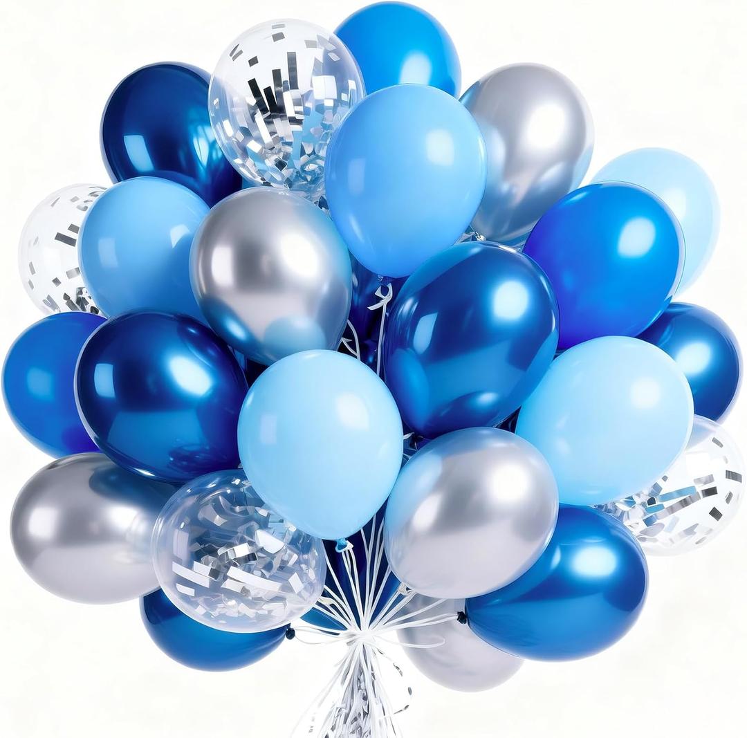 PartyWoo Blue and Silver Balloons 66pcs 12 Inch Light Pastel Baby Metallic Pearl Blue Metallic Chrome Silver Confetti Balloons for Gender Reveal Wedding Baby Shower Birthday Party Decorations