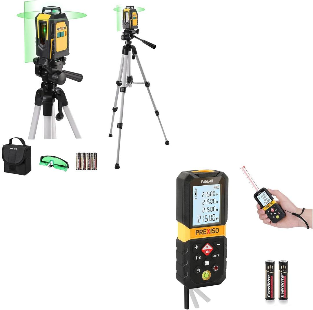 PREXISO 135Ft Rechargeable Mini Laser Measurement Tool & PREXISO 360 Laser Level with Tripod, 100Ft Self Leveling Cross Line Laser Level with Green Glasses, Portable Bag, 4 AA Batteries