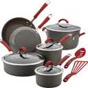 Rachael Ray Cucina Dishwasher-Safe Hard-Anodized Pots and Pans Set Non Stick Cookware, 12-Piece, Gray with Red Handles