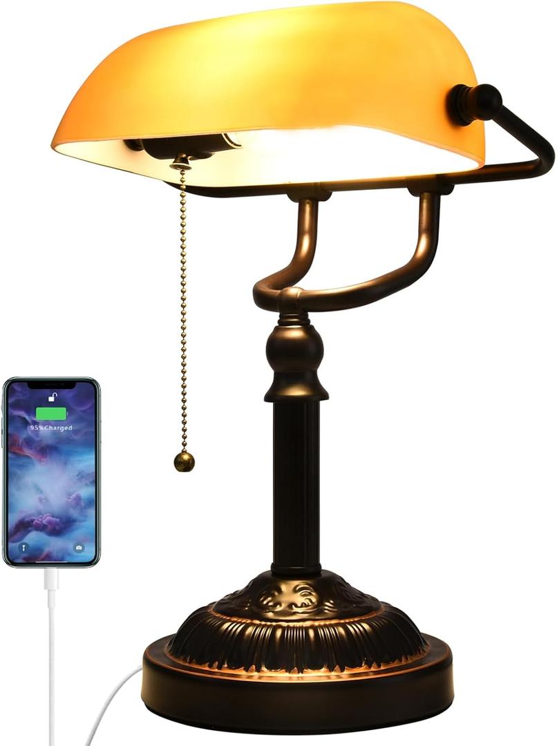 Rustic Banker's Desk Lamp Pull Chain, Traditional Bankers Desk Lamp with USB Port, Vintage Farmhouse Table Lamp for Home Office Library