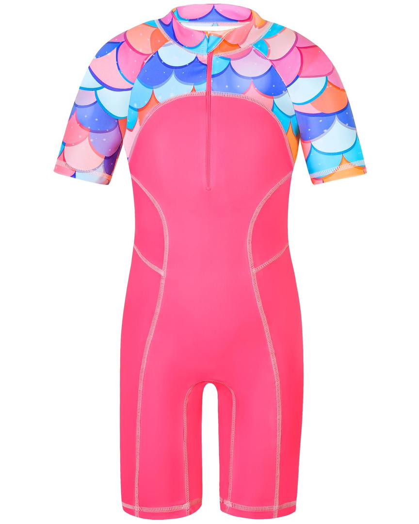 TFJH E One Piece Girls Bathing Suits Short Sleeve Swimsuits UPF 50+ Rash Guard Swimwear, 507 Scale Hotpink 8A