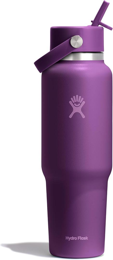 Hydro Flask Travel Water Bottle - Insulated Stainless Steel - Wide Straw Lid, Non Spill, Leakproof in 40 Oz Beachplum Purple