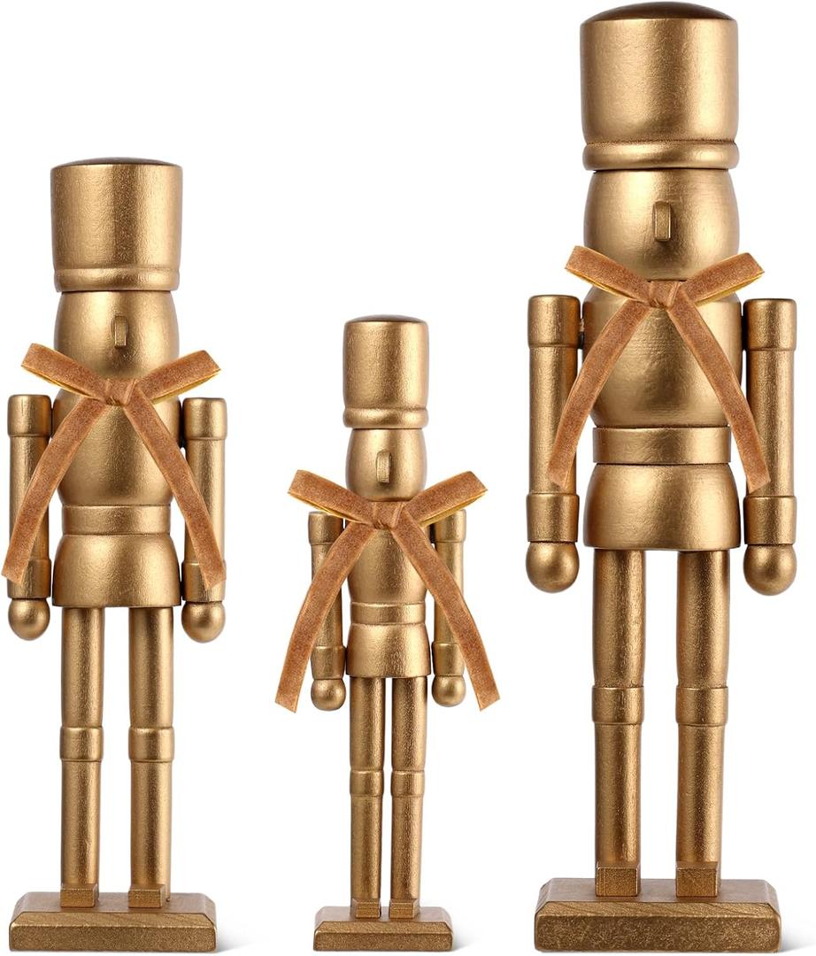 3 Pack Christmas Nutcracker Figures with Velvet Bow 12'' 10'' 8'' Gold Wooden Nutcracker Soldiers Traditional Christmas Decorations Classic Holiday Ornament for Mantel, Tabletop & Xmas Home Decor