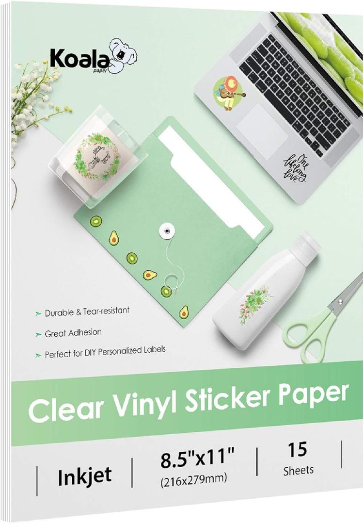 Koala 95% Clear Sticker Paper for Inkjet Printer - Waterproof Printable Vinyl Sticker Paper - 8.5x11 Inch, 15 Sheets, Transparent Glossy - Easy to Use for DIY Personalized Decals