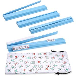 Lqliow Upgraded Version,Mahjong Racks with Pushers,20 Inch,Wooden American Mahjong Tile Pushers and Racks Set of 4, with 4 Mahjong Racks Drawstring Bag, Mahjong Accessories（Blue）