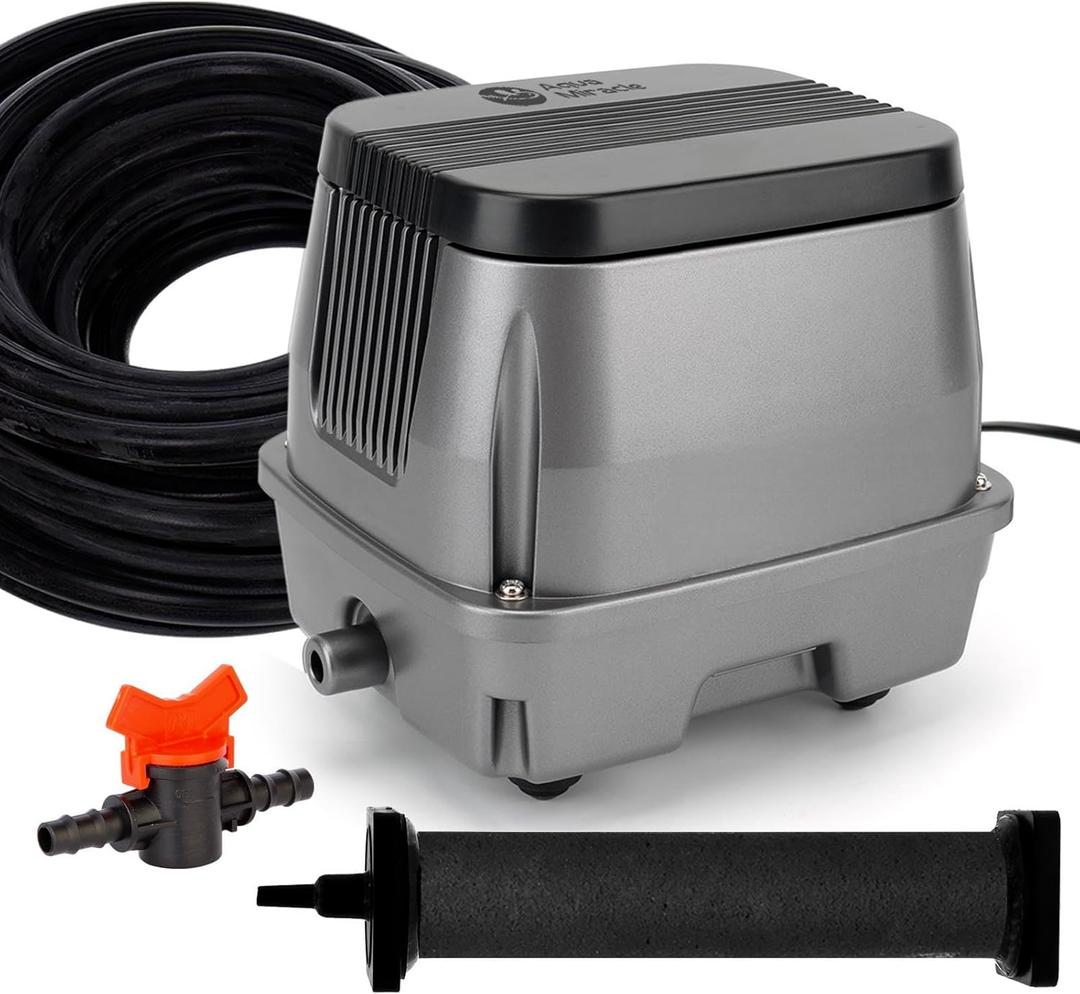 AquaMiracle All-in-1 Koi Pond Aeration Kit Pond Air Pump with Self-Sinking Airline Rubber Air Diffuser, Air Flow Control Pond Aerator for Outdoor Pond 2,000-5,000 Gallons, ≤ 5,000 Gallon