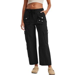 Cargo Pants for Women Low Rise Drawstring Waist 7 Pockets Hiking Work Wide Leg Pants with Zipper Button Closure (Small, Black)