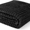 PAVILIA Super Soft Fleece Throw Blanket Twin Black, Fuzzy Plush Flannel Throw, Warm Cozy Ribbed Microfiber Blanket for Sofa Couch Bed, Lightweight Striped Blanket, Black, 60x80