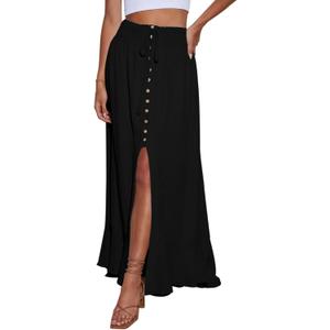 Minclouse Women's Elastic Tie Waist Button Down Maxi Skirts Casual Loose Flowy Swing Slit Front Dress (Large, Black)