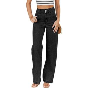 Sidefeel Women's Jeans High Waisted Straight Leg Stretchy Jeans Trendy Welt Pockets Loose Wide Leg Zimbaplatinum Denim Pants (10, Black)