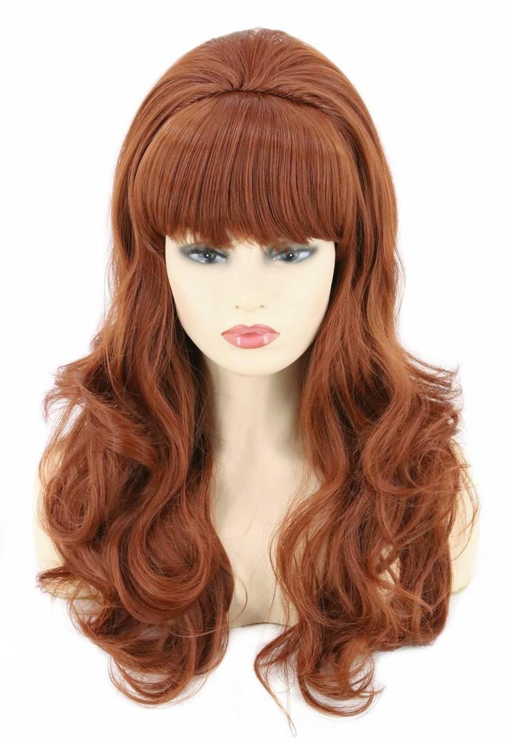 Topcosplay Women's 60s Costume Wig Auburn Brown Big Bouffant Beehive Wig Hair Long Wavy Halloween Party Wigs