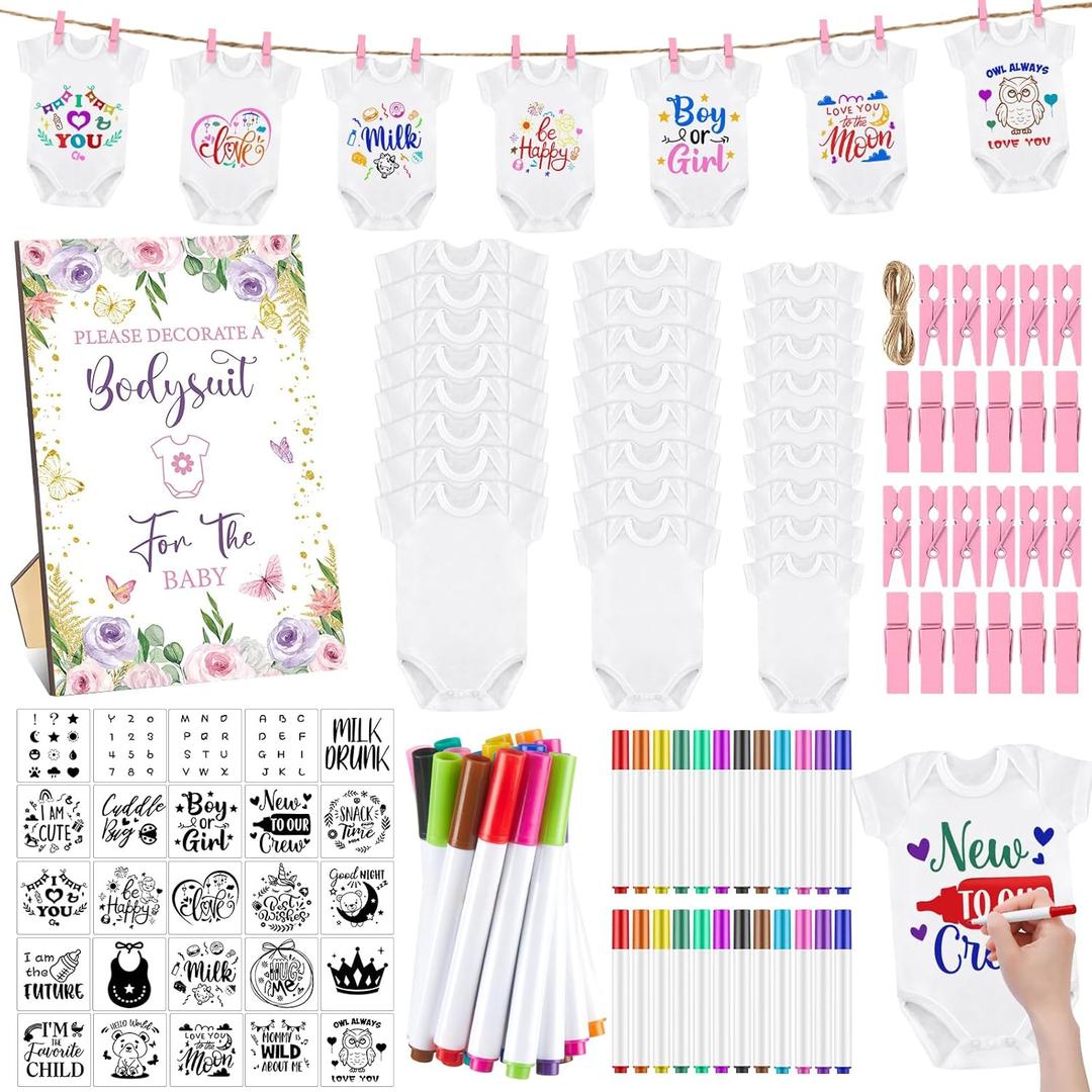 126 Pcs Baby Shower DIY Bodysuit Set Rustic Kraft Baby Shower Game Sign DIY Bibs 25 Blank White Newborn Bodysuit 25 Fabric Marker 24 Markers 1 Sign and Stencils for Gender Reveal(Butterfly)