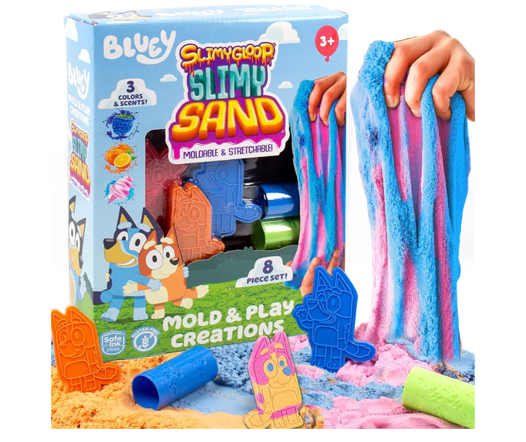 Horizon Group USA Bluey SLIMYGLOOP Slimy Sand Mold & Play Creations, 8-Piece Playset, 3 Scented Colors, Sensory Activity for Kids Ages 3, 4, 5, 6, 7, 8, Multi, Medium