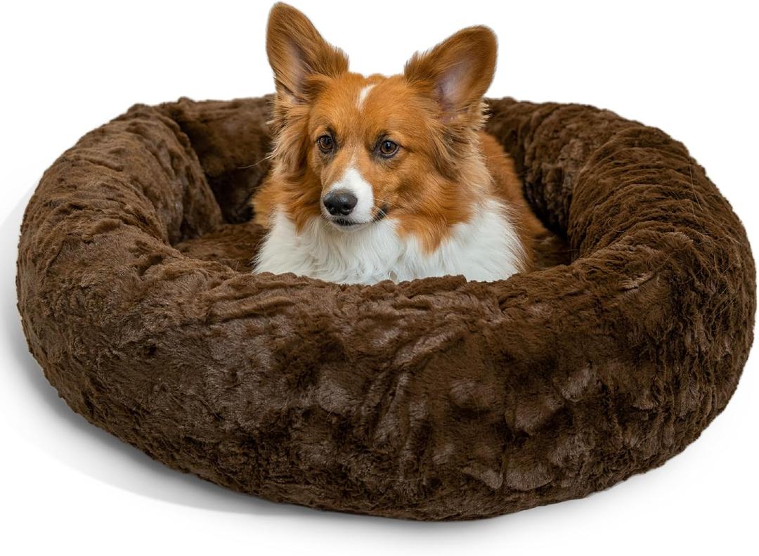 Best Friends by Sheri Original Calming Donut Dog and Cat Bed, Lux Faux Fur, Dark Brown, (30in x 30in) - Anxiety Relief for Pets Up to 45 lbs (Medium)