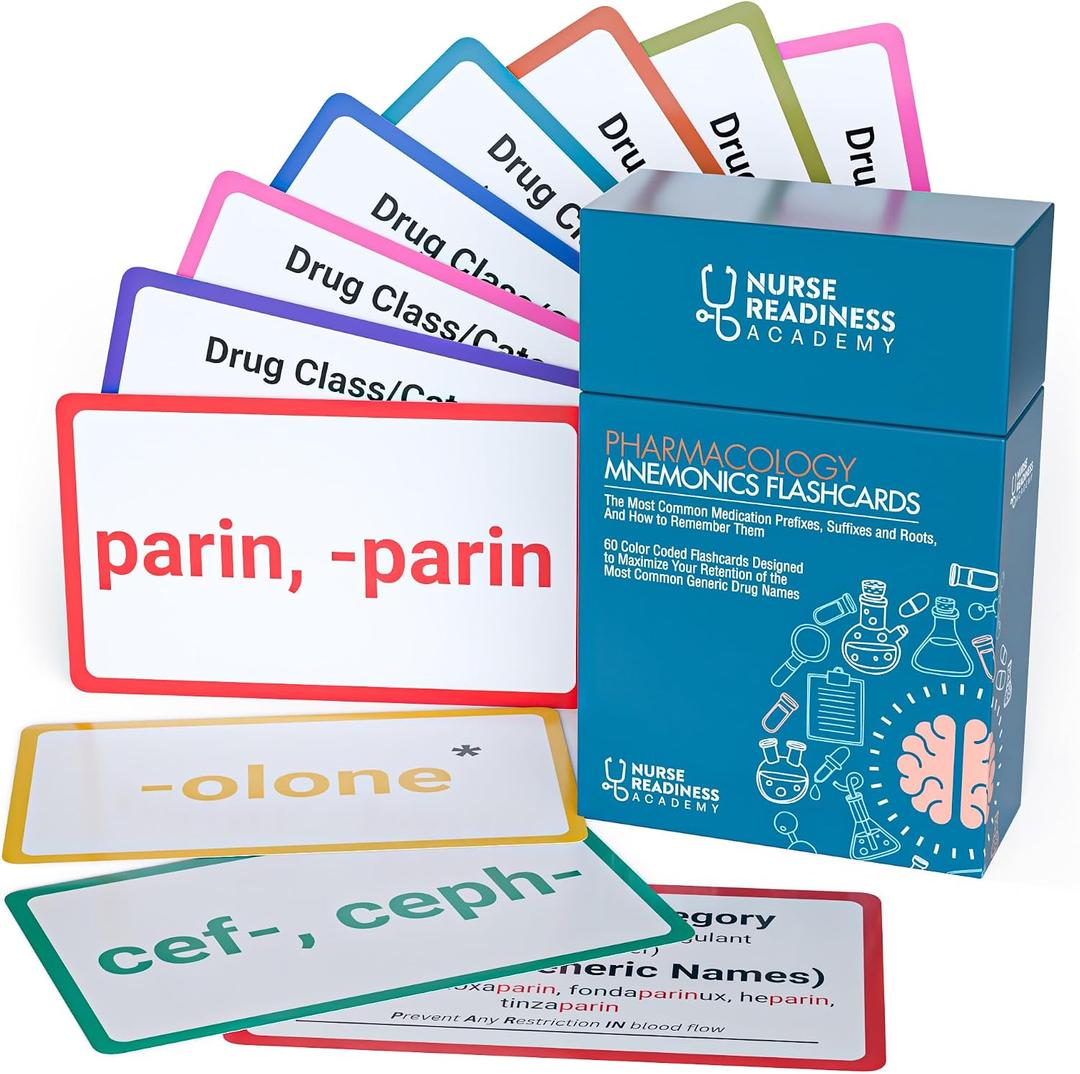 Pharmacology Mnemonics Flashcards: 60 Color Coded Flashcards for Learning The Most Common Generic Drug Names - for Nursing Students, Pharmacy Techs, and Med Students