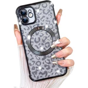 Fiyart Designed for iPhone 11 Case,Compatible with MagSafe Cheetah Print Plating Camera Protection Magnetic Clear Glitter Leopard Print Shockproof Phone Bumper for Women Girls 6.1"-Black