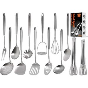 15PCS Cooking Utensils Set - 304 Stainless Steel Kitchen Utensils Set, Metal Cooking Tools & Serving Utensils, Potato Masher, Whisk, Turner, Serving Spoon, Fork, Tongs, Skimmer, Ladle, Dishwasher Safe