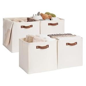 StorageWorks 13x13 Inches Storage Cube, Fabric Storage Bins with PU Handles, Collapsible Organizer Baskets for Closet, Beige, 4-Pack