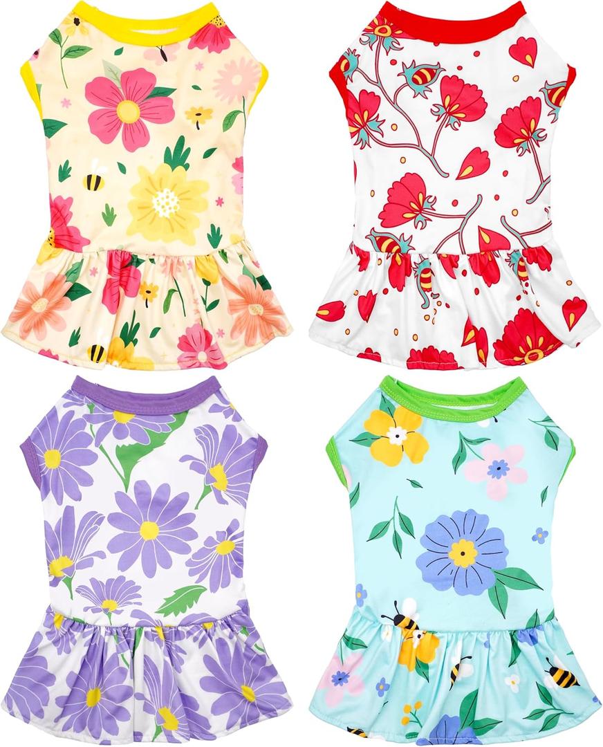 4PCS/Pack Floral Dog Dresses Sleeveless Spring Summer for Medium Dogs Girl Female Red Green Yellow Purple Skirts Flower Sundress for Holiday Party Wedding Lightweight Breathable Stretchy M