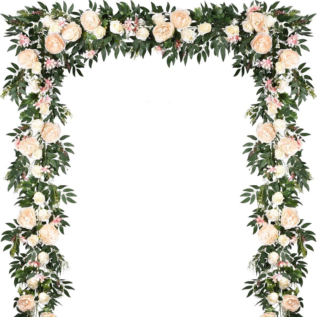 Lvydec 2 Pack Artificial Peony Flower Garland - 6ft Silk Peony Vine Willow Leaves Garland Champagne Arch Flower Vine for Wedding Party Table Decoration (Champagne)