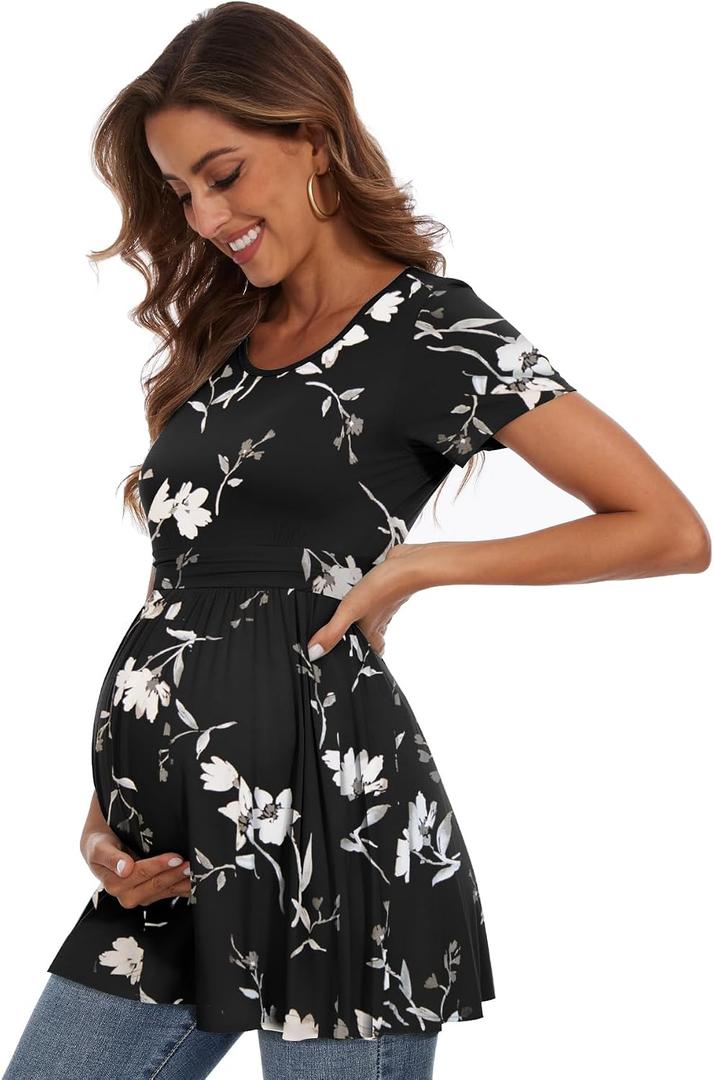 Women's Maternity Tops Short & Long Sleeve Pleated Waist Shirts Pregnancy Clothes (XL, Black)