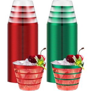 Gejoy 9 oz Happy New Year Rimmed Stripe Plastic Cups Bulk Disposable Wine Hard Plastic Drinking Cocktail Cups Tumblers for Wedding Gathering Party Supplies(Red and Green,100pcs)
