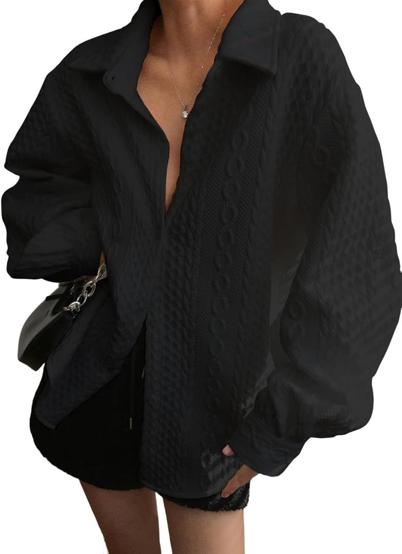 Fisoew Womens Oversized Button Down Shirts Textured Collared Long Sleeve Shacket Casual Fall Blouses Tops (Black)