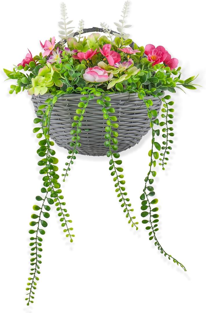 Artificial Flower Wall Basket Decor, Hanging Faux Rose & Camellia Floral Basket with Greenery, Farmhouse Wall Decor for Indoor Outdoor, Entryway, Porch