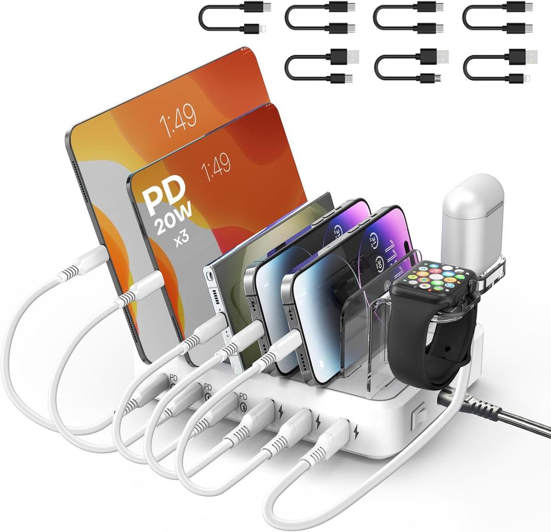 Charging Station for Multiple Devices,75W 6 Port Multi USB C Fast Charger Station with 7 Mixed Charging Cables,USB Charging Dock Compatible with iPhone, Samsung, iPad, Tablet and More