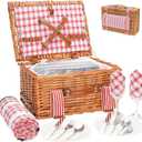 Wicker Picnic Basket for 2 with Large Insulated Cooler Compartment and Waterproof Picnic Blanket, Cutlery Service Kits, Wicker Picnic Hamper for Camping, Valentine Day,Thanks Giving,Birthday(Red) (15x11x7.5inch)